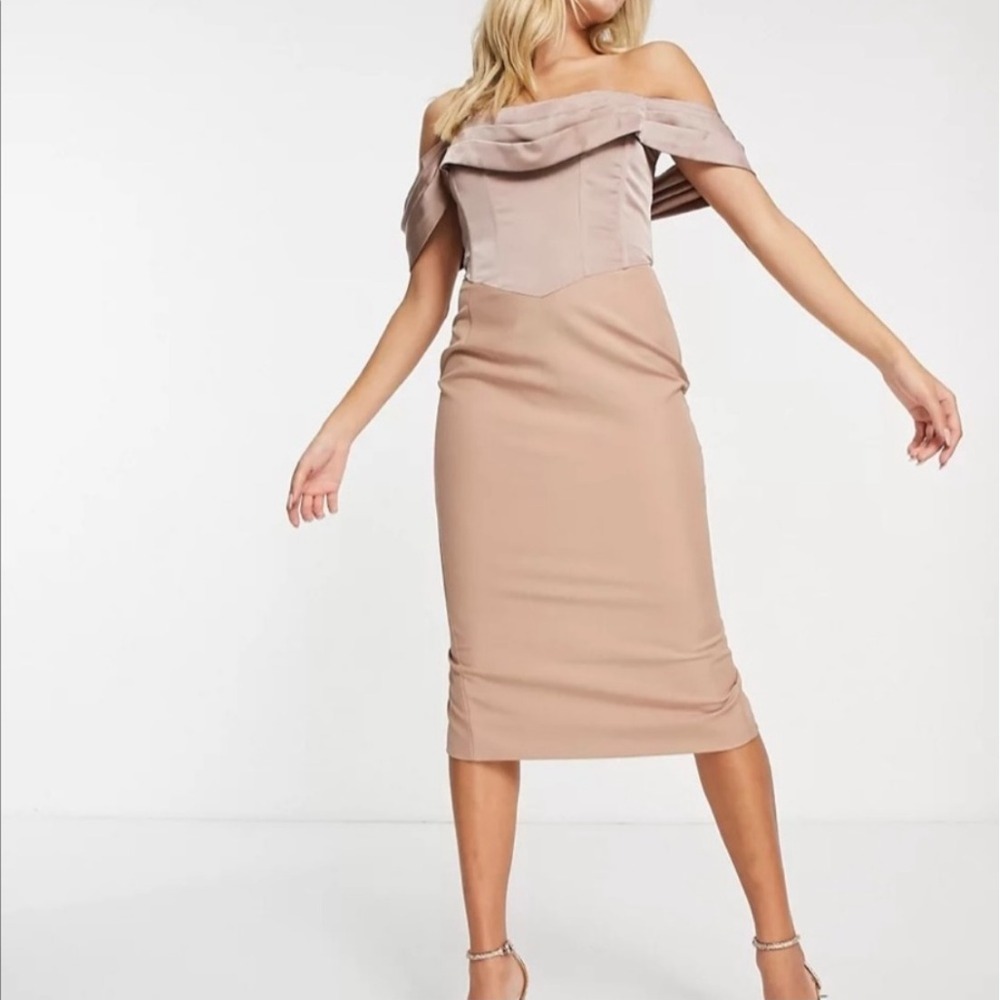 NEW Lavish Alice BARDOT Drape OFF SHOULDER Midi Dress MINK WOMEN‎ 2